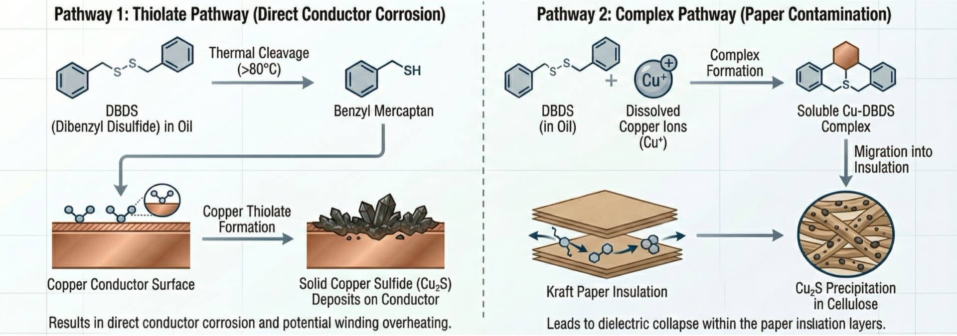 Figure 2: The Two Pathways of DBDS Attack — The thiolate pathway (left) produces direct conductor corrosion via benzyl mercaptan adsorption. The complex pathway (right) causes paper contamination via oil migration of a soluble Cu-DBDS intermediate that decomposes within the cellulose matrix.