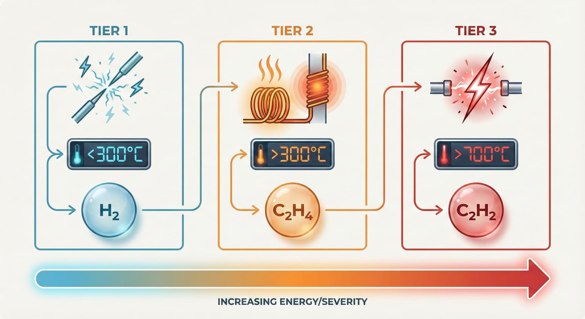 Different fault types produce characteristic gas signatures—the foundation of Dissolved Gas Analysis.