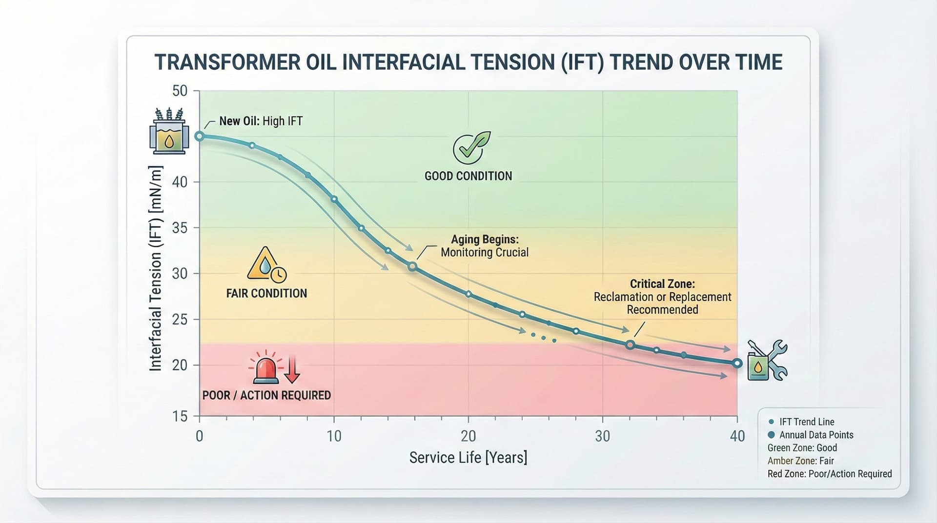 Interfacial tension provides a continuous, sensitive indicator of oil degradation rate—ideal for long-term trending.