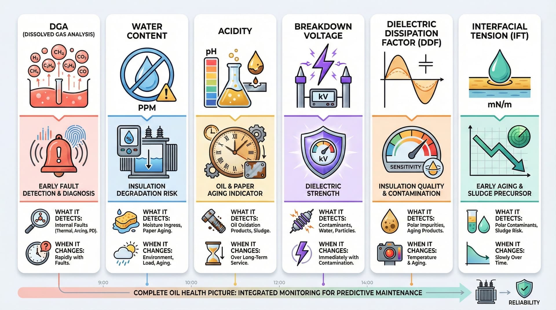 Each oil parameter tells a different part of the story—DGA catches acute faults, DDF and IFT provide sensitive early warning of contamination and degradation, while acidity tracks long-term aging. Together, they give asset managers a complete health picture.