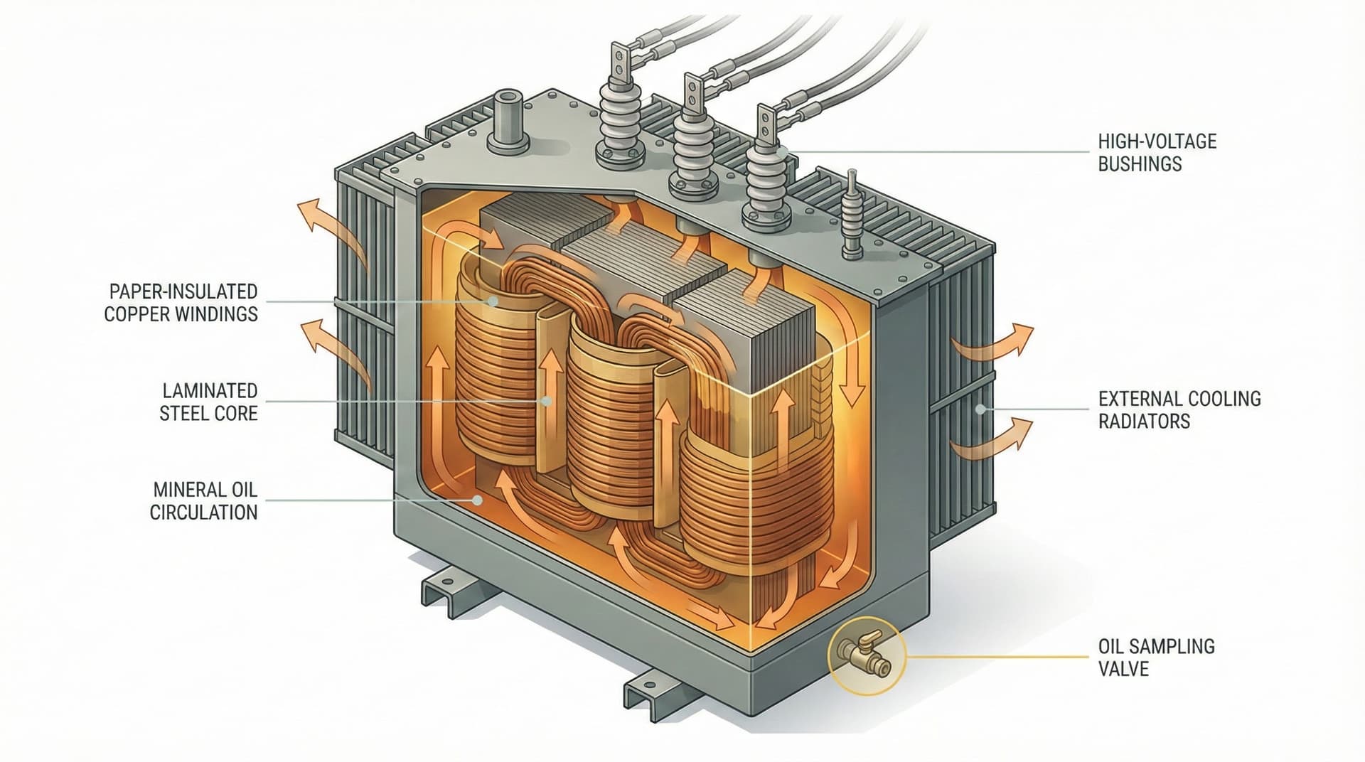 The insulating oil surrounds all critical components, serving as both insulator and coolant—and diagnostic medium.