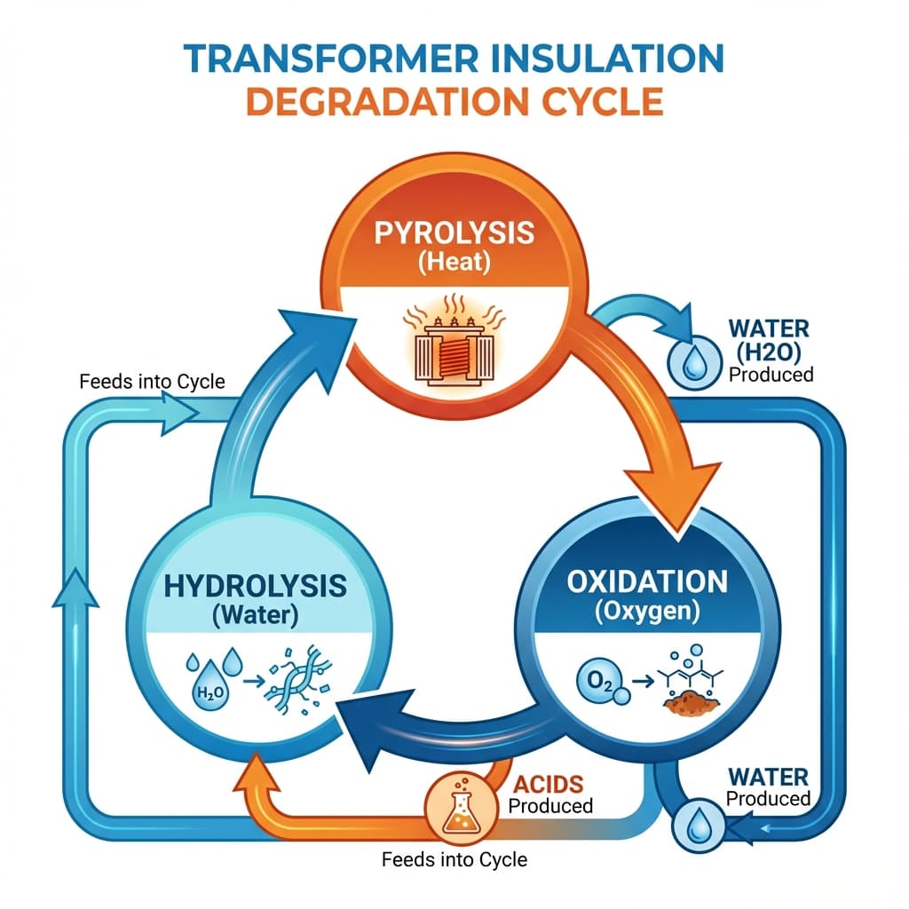 The three degradation mechanisms form a self-accelerating cycle.