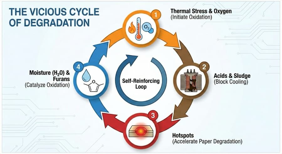 The vicious cycle — the self-reinforcing degradation loop. Thermal stress and oxidation produce acids and sludge that block cooling, create hotspots, and accelerate paper aging in a self-reinforcing cycle.