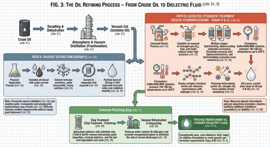 The refining process — from crude oil to dielectric fluid. Path A shows solvent extraction (Group I), Path B shows catalytic hydroprocessing (Group II & III). Both converge in shared clay treatment and vacuum dehydration.
