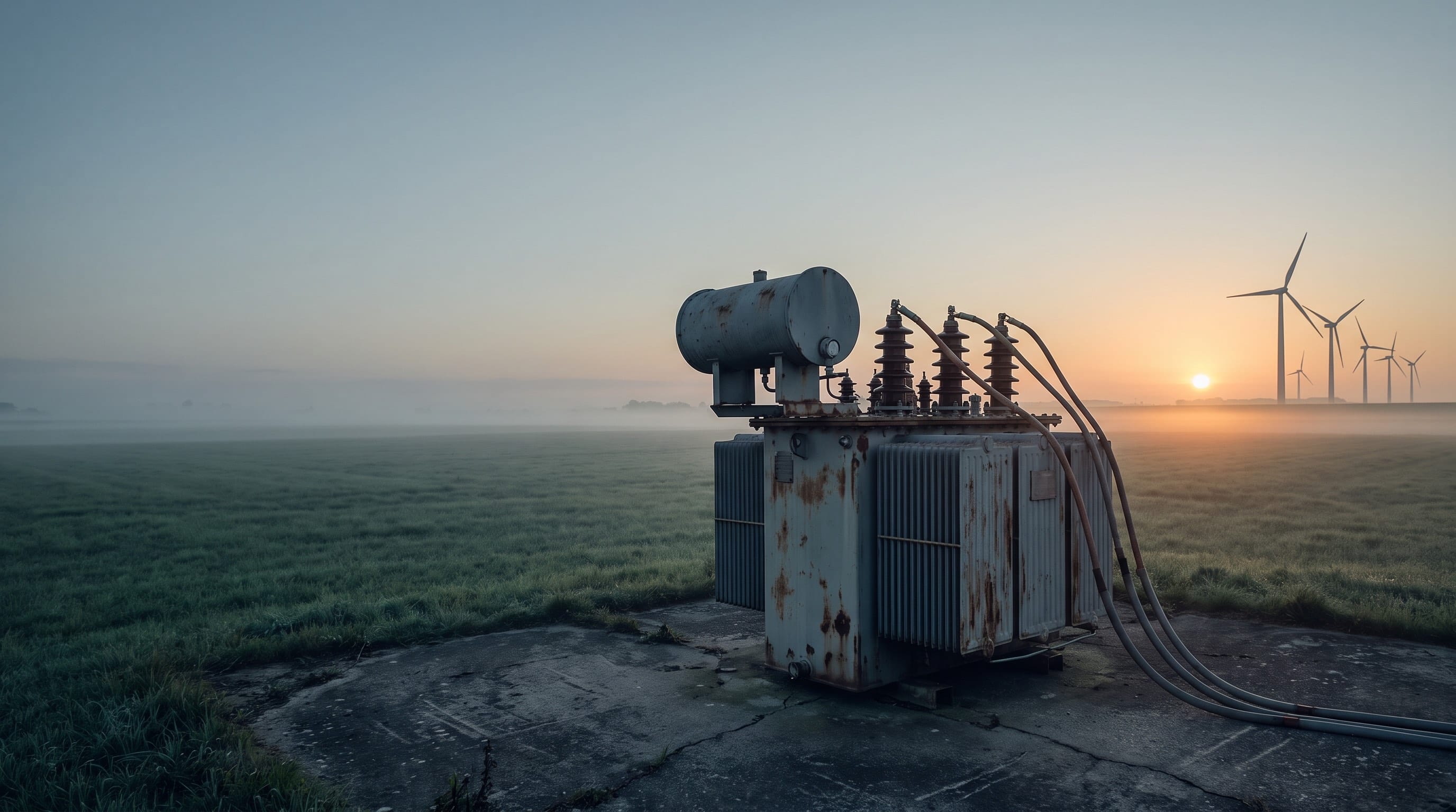 Transformer station with wind turbines at sunrise