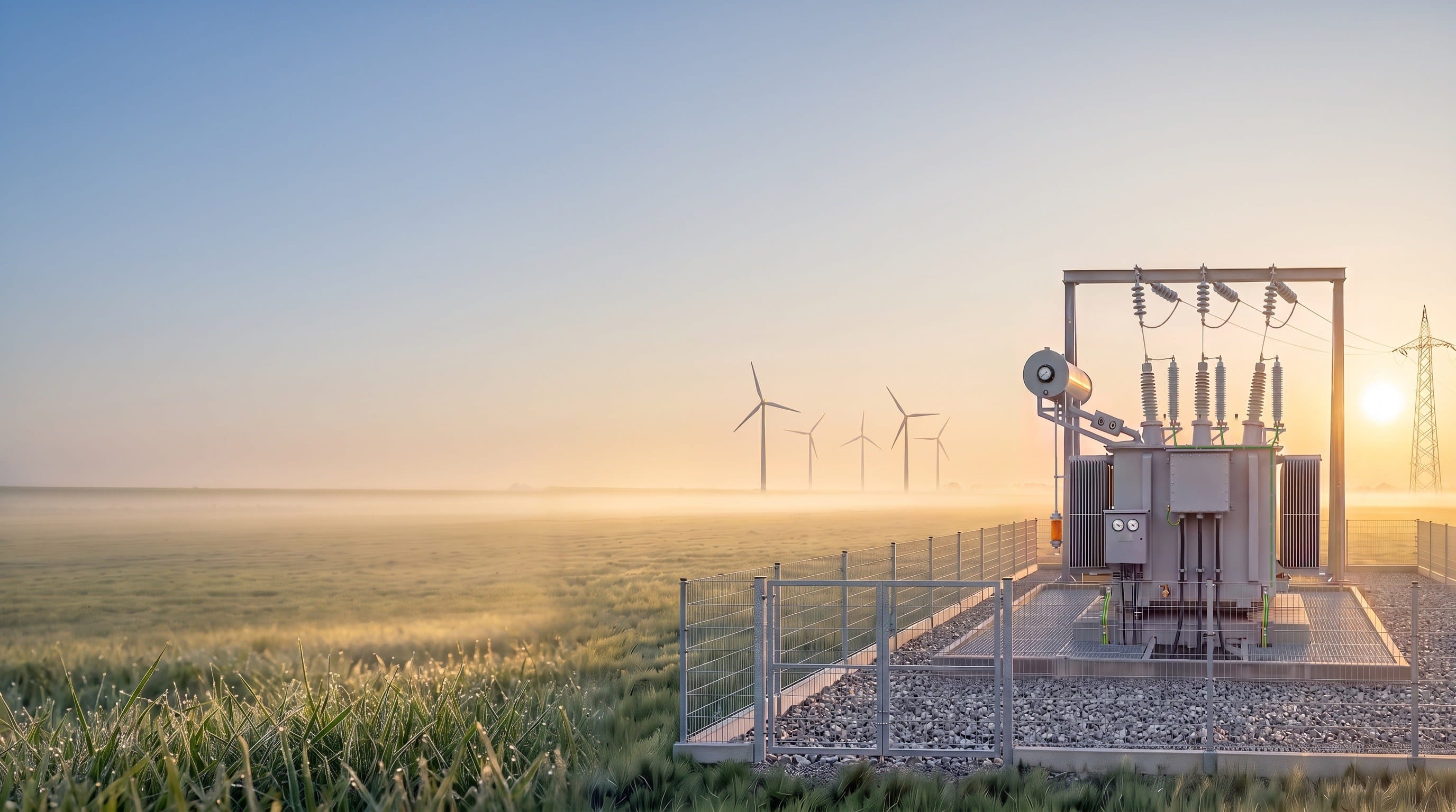 Oil-filled transformer in a fenced substation at sunrise, with wind turbines in the haze